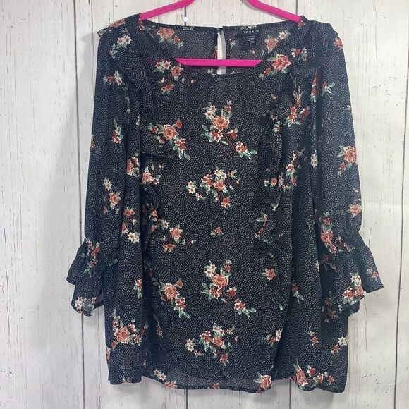 Torrid Floral Dot Print Chiffon Ruffled Smocked Bell Sleeve Top Blouse - Picture 6 of 14